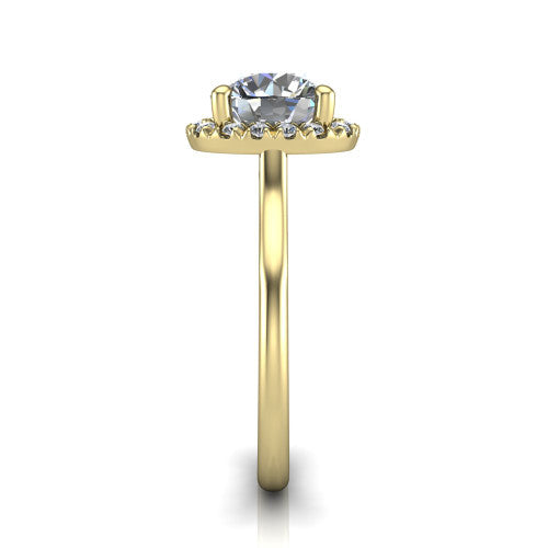 Gemma round halo engagement ring in 14K Yellow Gold, side profile showing the bow gallery and thin polished band in side view