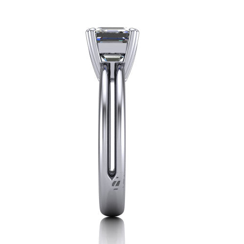 Peyton square emerald-cut classic engagement ring in Platinum, side profile showing the split shank dividing into two rails