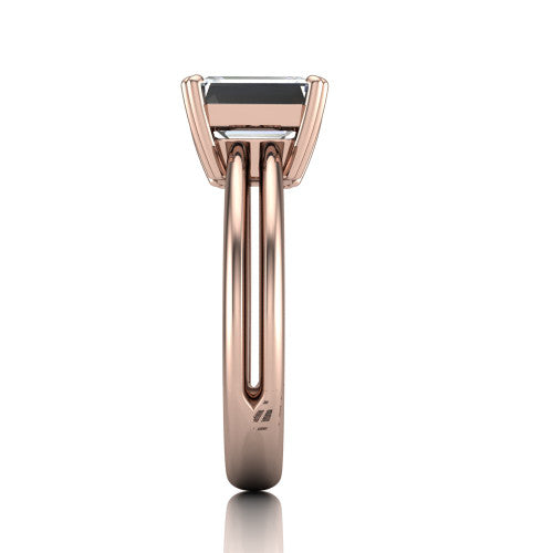 Peyton emerald-cut classic engagement ring in 18K Rose Gold, side profile showing the split shank dividing into two rails