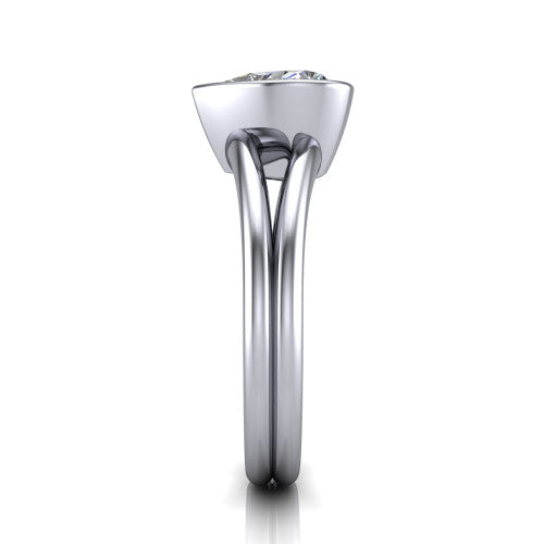Emersyn heart-shaped classic engagement ring in Platinum, side profile showing the split shank dividing into two rails beneath the bezel