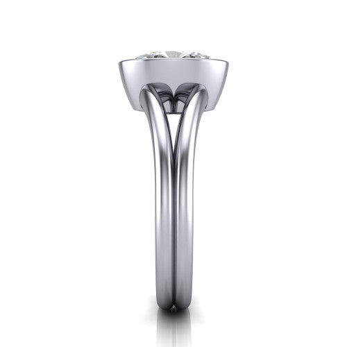Emersyn oval classic engagement ring in Platinum, side profile showing the split shank dividing into two rails beneath the bezel