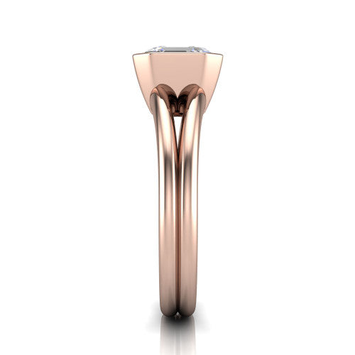 Emersyn square emerald-cut classic engagement ring in 14K Rose Gold, side profile showing the split shank dividing into two rails beneath the bezel