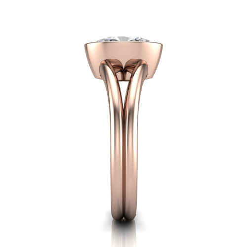 Emersyn oval classic engagement ring in 18K Rose Gold, side profile showing the split shank dividing into two rails beneath the bezel