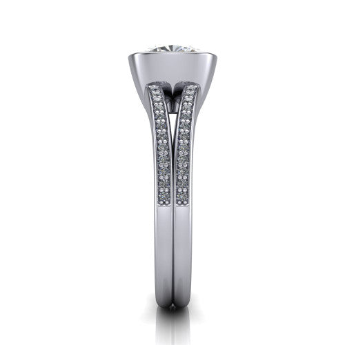 Kaia cushion classic engagement ring in Platinum, side profile showing the bezel setting and twin pave rows in side view