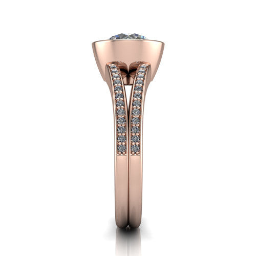 Kaia round classic engagement ring in 18K Rose Gold, side profile showing the bezel setting and twin pave rows in side view