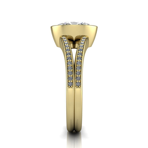 Kaia oval classic engagement ring in 18K Yellow Gold, side profile showing the bezel setting and twin pave rows in side view