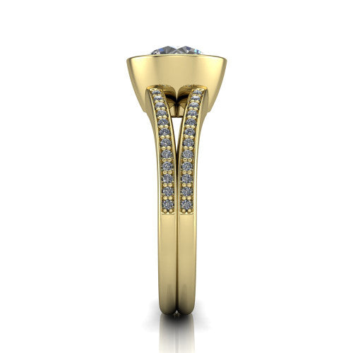 Kaia round classic engagement ring in 14K Yellow Gold, side profile showing the bezel setting and twin pave rows in side view