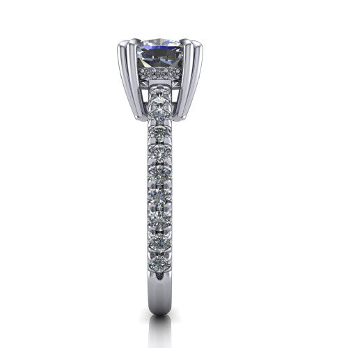 Jordyn cushion hidden halo engagement ring in Platinum, side profile showing the concealed halo and pave shoulders in side view
