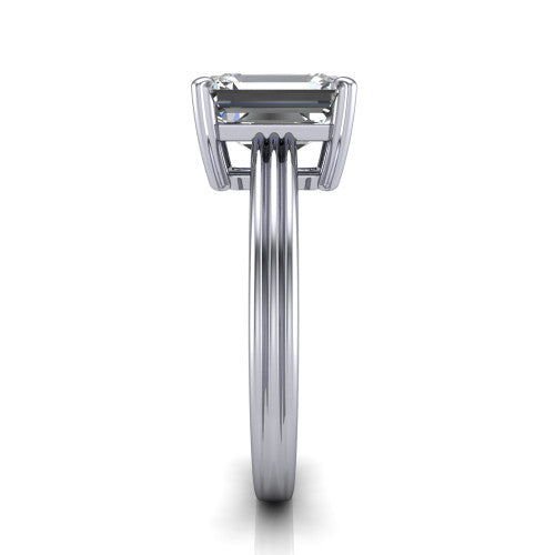Reagan emerald-cut classic engagement ring in Platinum, side profile showing the channel-grooved polished band in side view