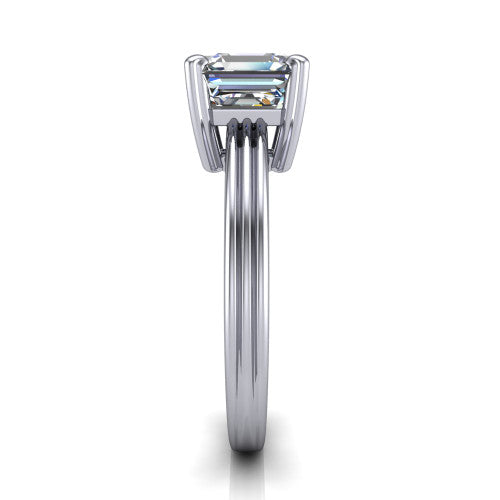 Reagan square emerald-cut classic engagement ring in Platinum, side profile showing the channel-grooved polished band in side view