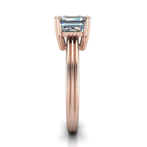 Reagan square emerald-cut classic engagement ring in 14K Rose Gold, side profile showing the channel-grooved polished band in side view