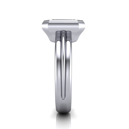 Kehlani emerald-cut classic engagement ring in 18K White Gold, side profile showing the bezel setting and channel-grooved band in side view