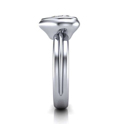 Kehlani heart classic engagement ring in Platinum, side profile showing the bezel setting and channel-grooved band in side view
