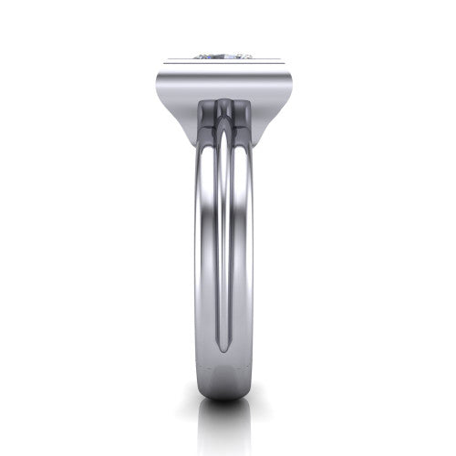 Kehlani princess-cut classic engagement ring in Platinum, side profile showing the bezel setting and channel-grooved band in side view
