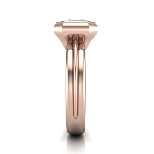 Kehlani square emerald-cut classic engagement ring in 14K Rose Gold, side profile showing the bezel setting and channel-grooved band in side view