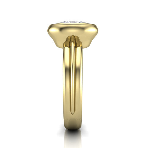Kehlani oval classic engagement ring in 18K Yellow Gold, side profile showing the bezel setting and channel-grooved band in side view