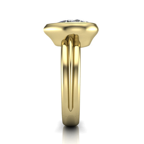 Kehlani pear classic engagement ring in 14K Yellow Gold, side profile showing the bezel setting and channel-grooved band in side view