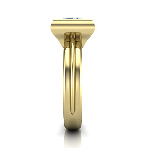 Kehlani princess-cut classic engagement ring in 18K Yellow Gold, side profile showing the bezel setting and channel-grooved band in side view