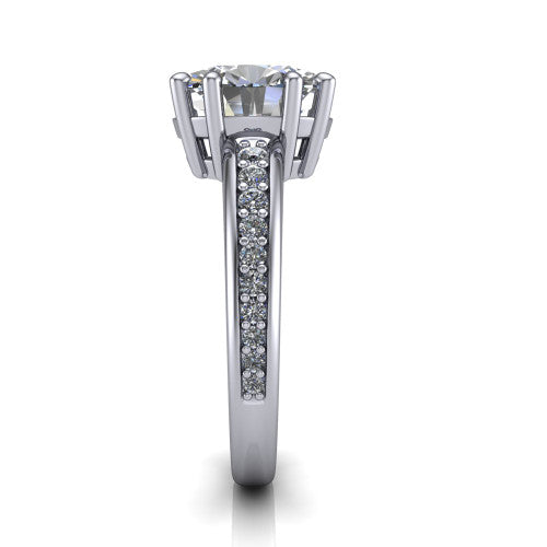 Kris oval classic engagement ring in Platinum, side profile showing the double-claw prongs and pave shoulders in side view