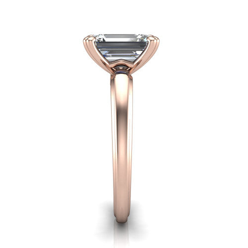 Erika emerald-cut classic engagement ring in 18K Rose Gold, side profile showing the four-prong head and polished profile in side view