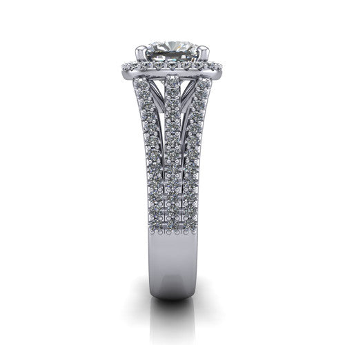 Kamila cushion halo engagement ring in Platinum, side profile showing the split pave band and halo in side view