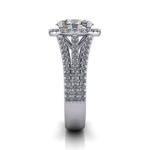 Kamila oval halo engagement ring in 14K White Gold, side profile showing the split pave band and halo in side view