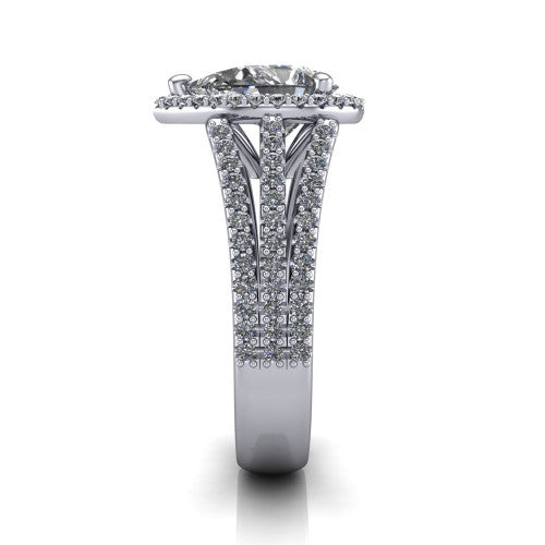 Kamila pear halo engagement ring in 18K White Gold, side profile showing the split pave band and halo in side view