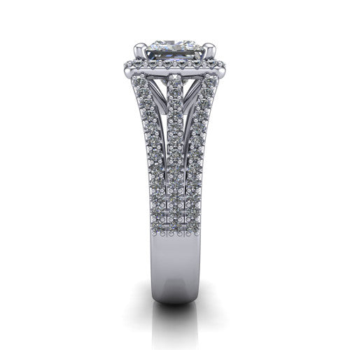 Kamila princess-cut halo engagement ring in Platinum, side profile showing the split pave band and halo in side view