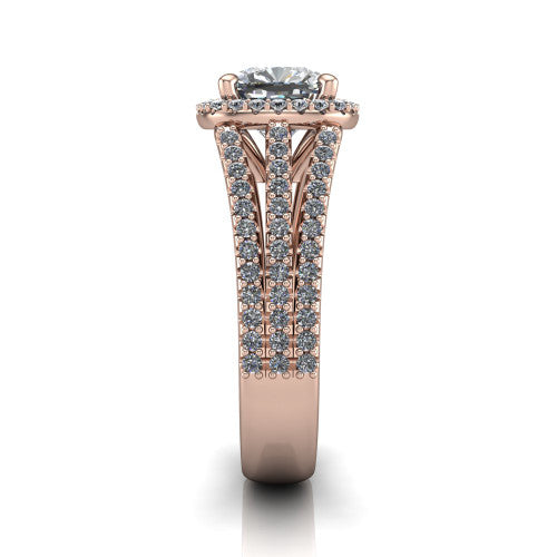 Kamila cushion halo engagement ring in 18K Rose Gold, side profile showing the split pave band and halo in side view