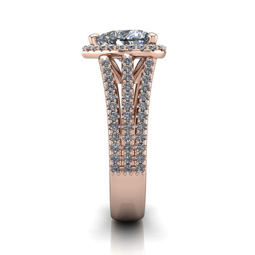 Kamila heart halo engagement ring in 18K Rose Gold, side profile showing the split pave band and halo in side view