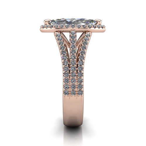 Kamila marquise halo engagement ring in 14K Rose Gold, side profile showing the split pave band and halo in side view