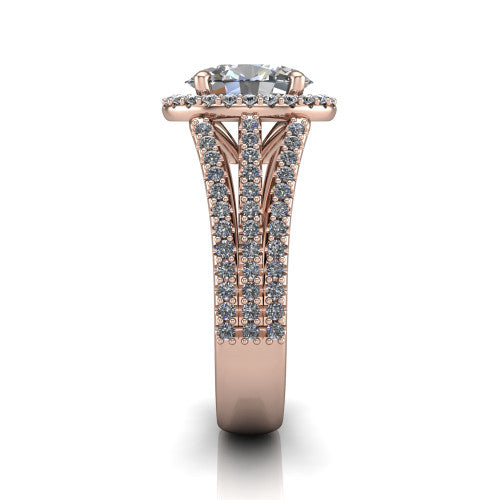 Kamila oval halo engagement ring in 14K Rose Gold, side profile showing the split pave band and halo in side view