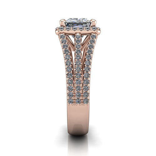 Kamila princess-cut halo engagement ring in 18K Rose Gold, side profile showing the split pave band and halo in side view
