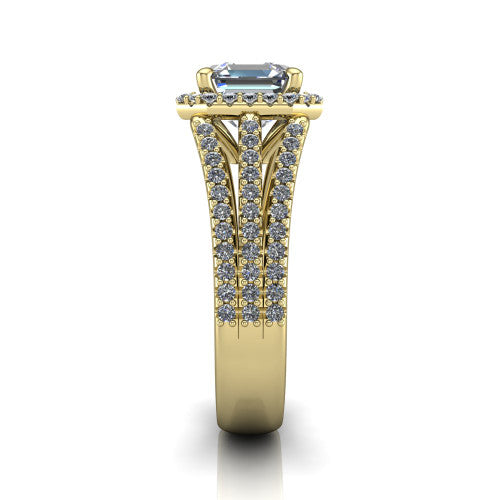 Kamila square emerald-cut halo engagement ring in 14K Yellow Gold, side profile showing the split pave band and halo in side view