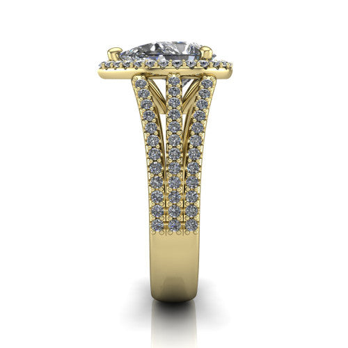 Kamila pear halo engagement ring in 18K Yellow Gold, side profile showing the split pave band and halo in side view