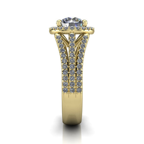 Kamila round halo engagement ring in 14K Yellow Gold, side profile showing the split pave band and halo in side view