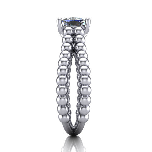 Parker cushion classic engagement ring in Platinum, side profile showing the split beaded band in side view