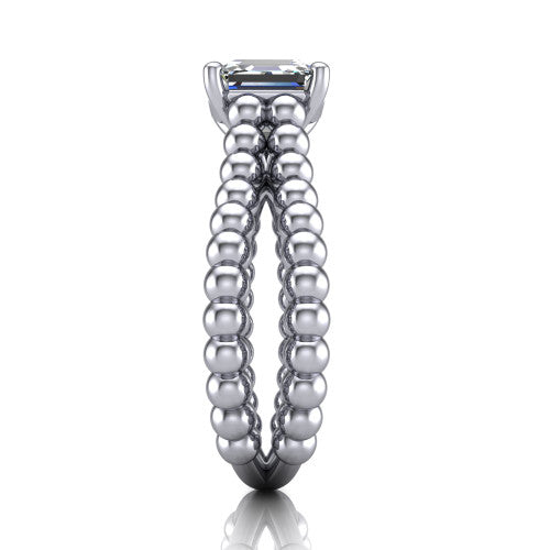 Parker square emerald-cut classic engagement ring in 18K White Gold, side profile showing the split beaded band in side view