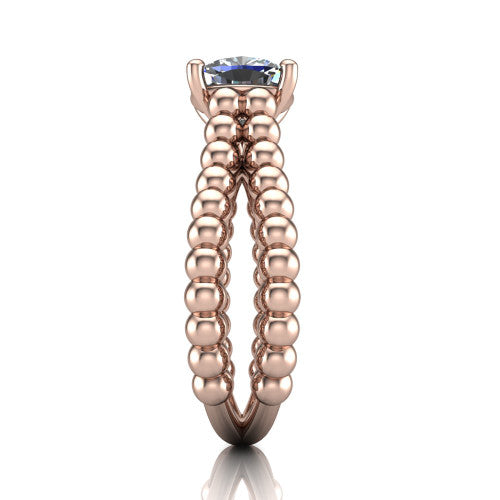 Parker cushion classic engagement ring in 14K Rose Gold, side profile showing the split beaded band in side view