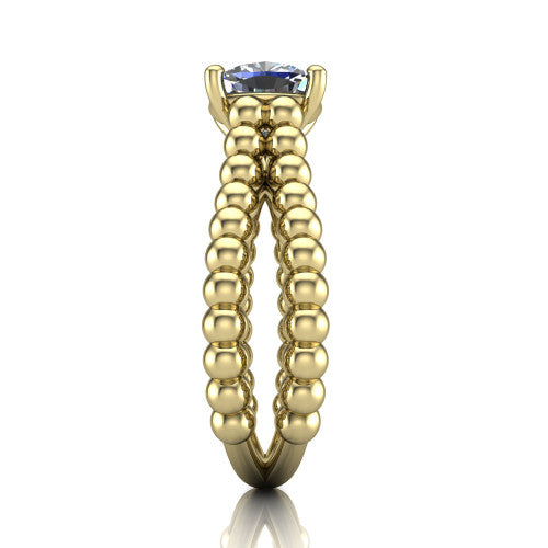 Parker cushion classic engagement ring in 18K Yellow Gold, side profile showing the split beaded band in side view