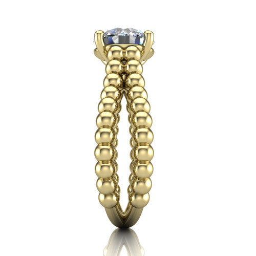 Parker round classic engagement ring in 18K Yellow Gold, side profile showing the split beaded band in side view