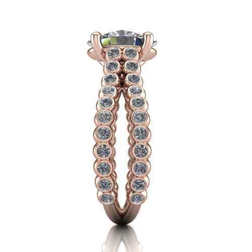 Magnolia oval classic engagement ring in 14K Rose Gold, side profile showing the split bezel-set diamond band in side view