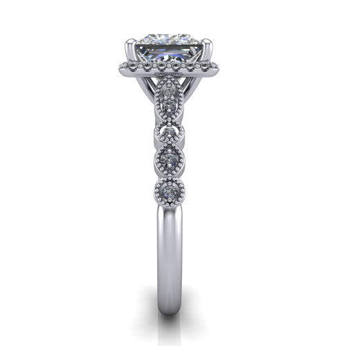 Annie princess-cut halo engagement ring in Platinum, side profile showing the vintage station band and halo in side view