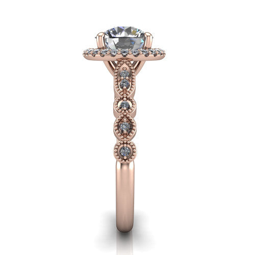 Annie round halo engagement ring in 18K Rose Gold, side profile showing the vintage station band and halo in side view