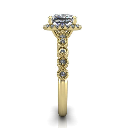 Annie cushion halo engagement ring in 18K Yellow Gold, side profile showing the vintage station band and halo in side view