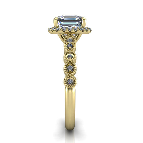 Annie square emerald-cut halo engagement ring in 14K Yellow Gold, side profile showing the vintage station band and halo in side view
