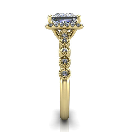 Annie princess-cut halo engagement ring in 18K Yellow Gold, side profile showing the vintage station band and halo in side view