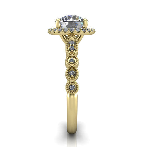 Annie round halo engagement ring in 18K Yellow Gold, side profile showing the vintage station band and halo in side view