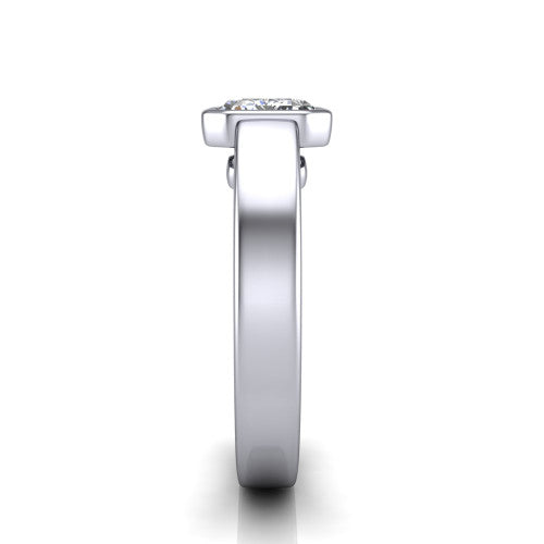 Bony emerald-cut classic engagement ring in 14K White Gold, side profile showing the bezel setting and split rails in side view