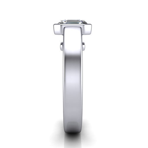 Bony square emerald-cut classic engagement ring in 18K White Gold, side profile showing the bezel setting and split rails in side view